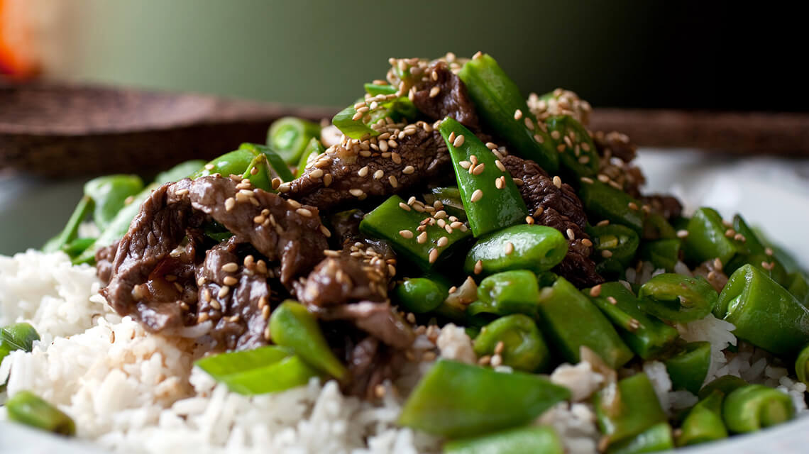 Stir Fry Beef With Sugar  Snap Peas And Rice